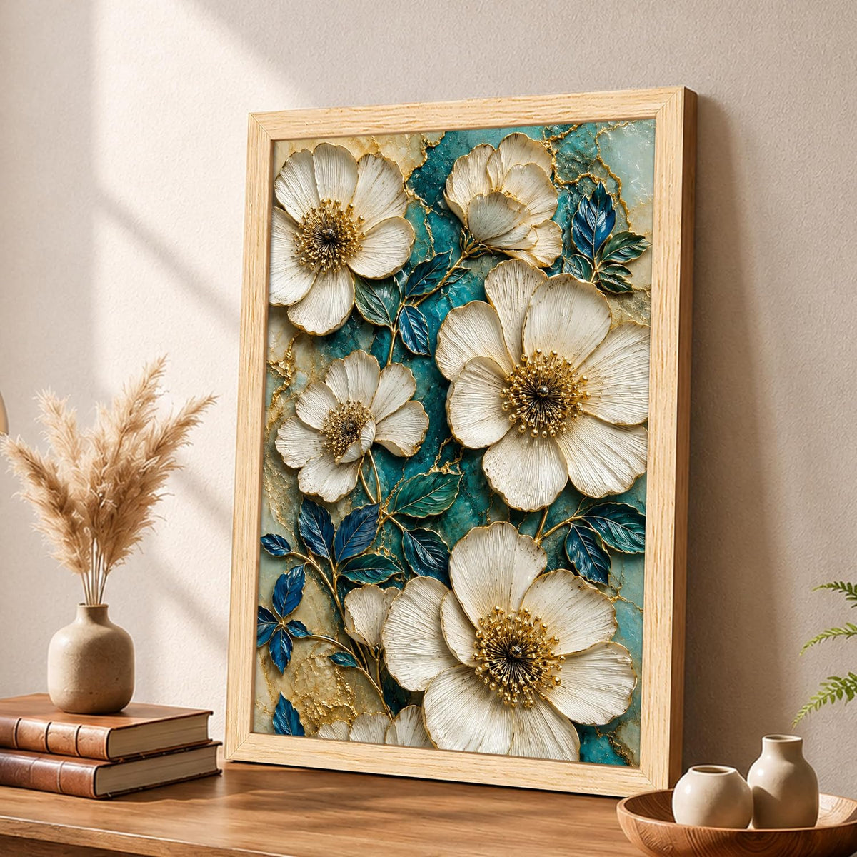 Modern Abstract 3D Textured Floral Painting for Living Room, Teal & Gold Blooming Flower Motifs Rectangular Shape Framed Wall Painting for Home Decor (Size: 8x12 Inch)