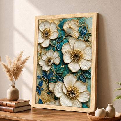 Modern Abstract 3D Textured Floral Painting for Living Room, Teal & Gold Blooming Flower Motifs Rectangular Shape Framed Wall Painting for Home Decor (Size: 8x12 Inch)