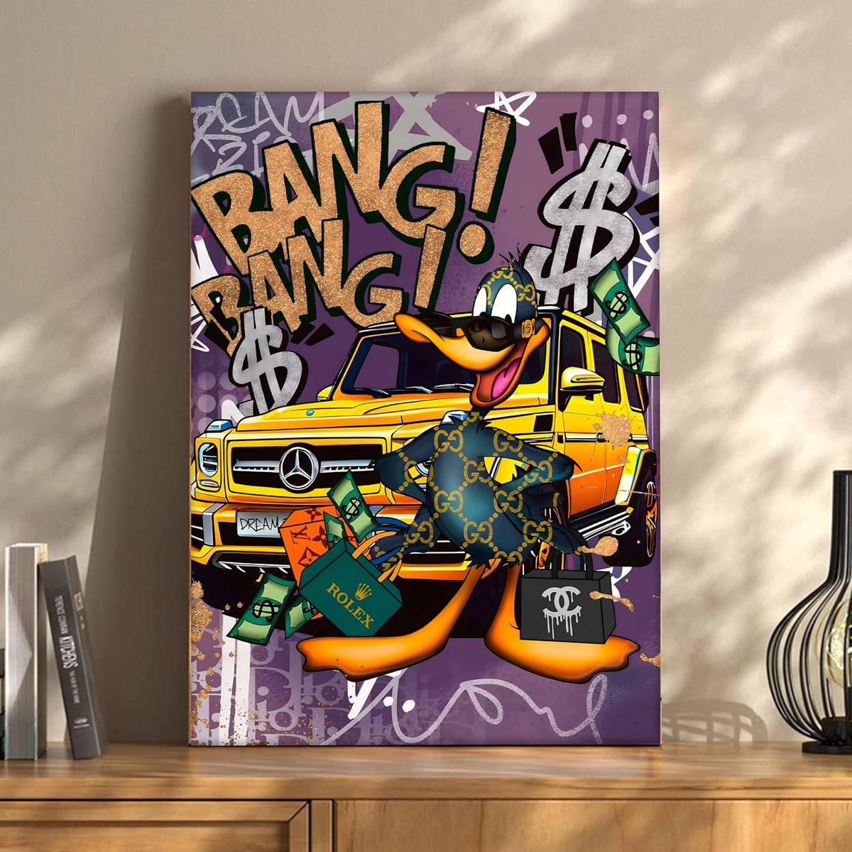 Luxury Street Pop Art Duck Canvas Wall Art Painting For Living Room | Money & Success Graffiti Style Wall Painting | Modern Wall Décor for Home & Office, 41x56 cm