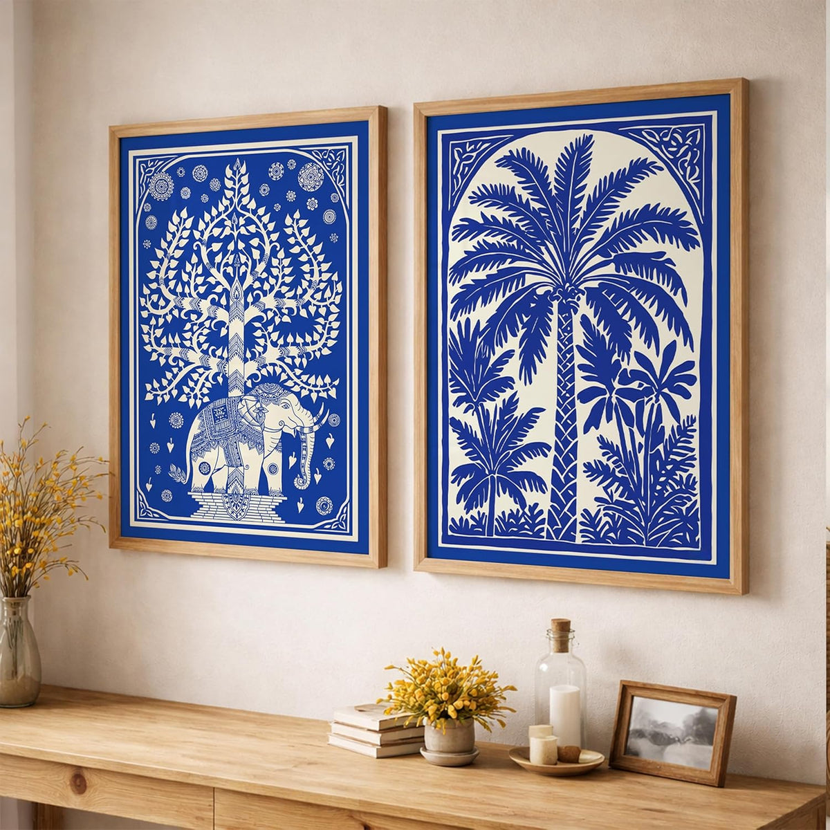 Blue White Elephant Tree of Life Wall Art Painting | Set of 2 Framed Paintings | Indian Folk Art Decor for Living Room Bedroom Home Office | (ART 10, 13x19 INCHES)