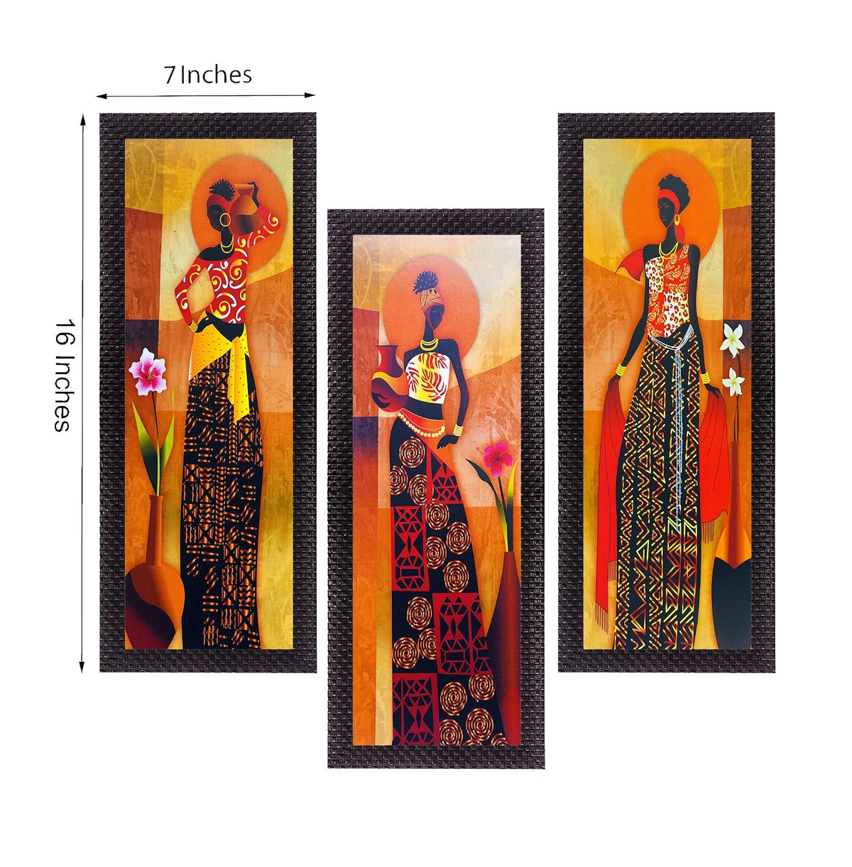 Set Of 3 Tribal Village Ladies Paintings Digital Printed Woman Wall Art - Ethnic And Captivating Home Decor Accent - Gift For Art Lovers And Cultural Enthusiasts