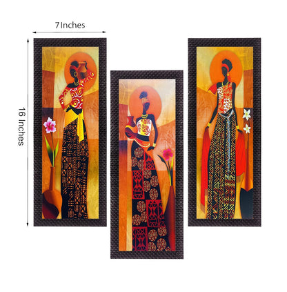Set Of 3 Tribal Village Ladies Paintings Digital Printed Woman Wall Art - Ethnic And Captivating Home Decor Accent - Gift For Art Lovers And Cultural Enthusiasts