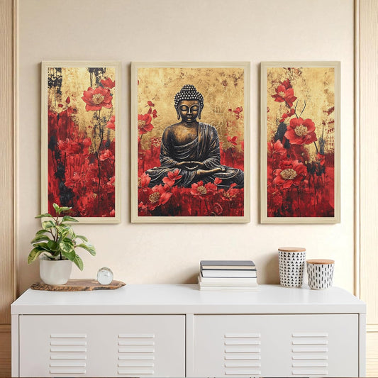 Buddha Floral Abstract Framed Wall Art Painting Home Décor Pack Of 3 | Digital Scenery Painting with Frame | Suits Hallways, Living Room, Bedroom, Office Set Of 3, 22x46 cm, 33x44 cm