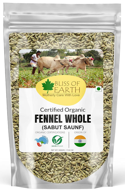 Bliss of Earth Certified Organic Fennel seed (Saunf) Indian Spice Fresh & Sweet Great for Weight loss | digestive health or Cooking (500gm)