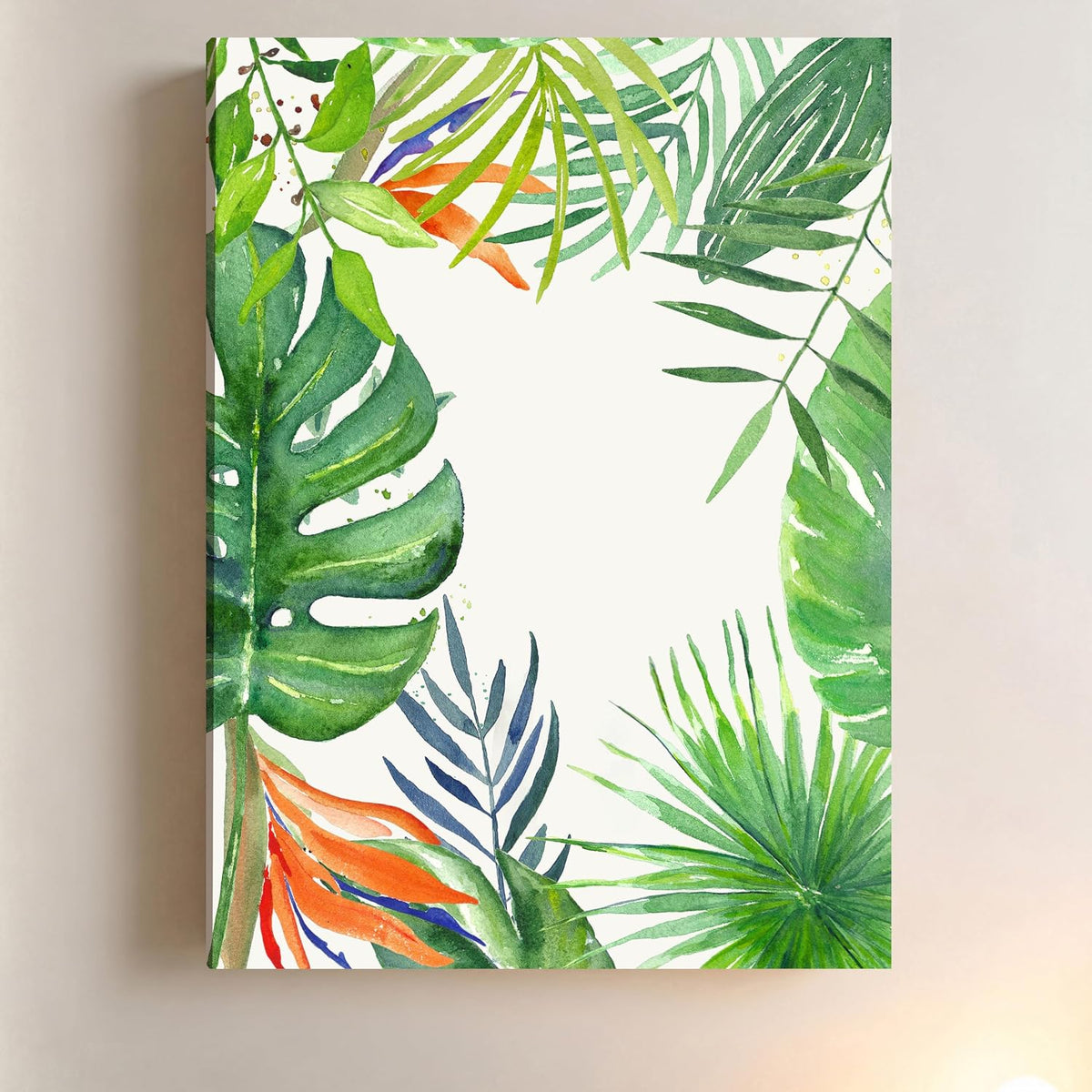 Tropical Green Leaves Framed Canvas Wall Art Painting for wall decoration | Botanical Leaf Nature Inspired Painting for Living Room, Bedroom and Office, 22x34 Inch
