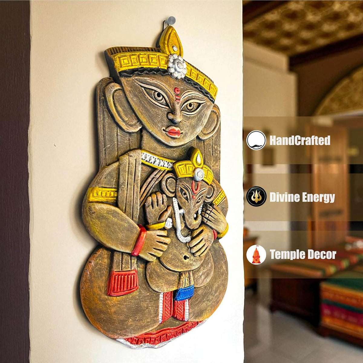 Maa Durga with Ganesh Terracotta Wall Hanging Idol Murti Decor | Devi MATA & Ganesha Janani Decor | Spiritual Art for Temple, Home & Office Decor | Spiritual Gift (31x17 CM)