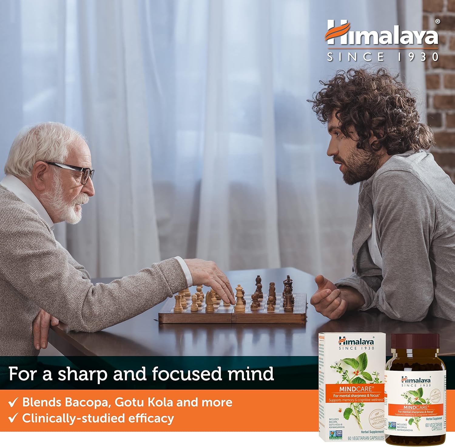 Two men playing chess with Himalaya products displayed below.
