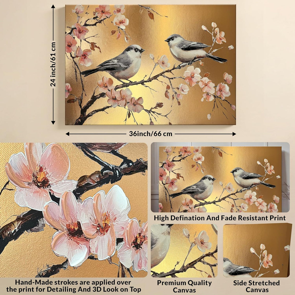Stretched Canvas Glitter Gold Foil 3D Bird on Cherry Blossom Branch Painting, Stretched Canvas Textured Floral Bird Artwork Hand-Painted, Gold Asian Style Giclée Painting, 61x91 cm