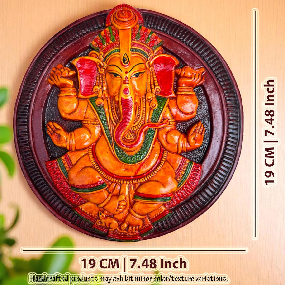 Ganesh Ji Wall Hanging Terracotta Murti Idol | Ganpati Bappa Ganesha Hand-Painted Spiritual Wall Hanging for Door Entrance, Temple, Mandir, Home & Office Decor | Spiritual Gift (19x19 CM)