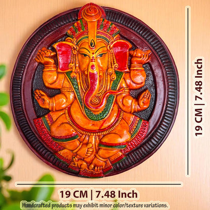 Ganesh Ji Wall Hanging Terracotta Murti Idol | Ganpati Bappa Ganesha Hand-Painted Spiritual Wall Hanging for Door Entrance, Temple, Mandir, Home & Office Decor | Spiritual Gift (19x19 CM)
