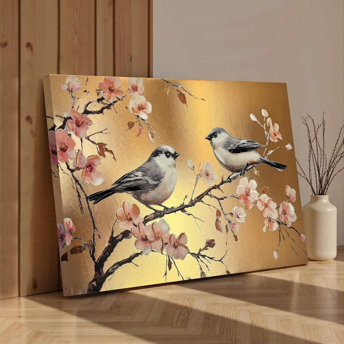 Stretched Canvas Glitter Gold Foil 3D Bird on Cherry Blossom Branch Painting, Stretched Canvas Textured Floral Bird Artwork Hand-Painted, Gold Asian Style Giclée Painting, 61x91 cm