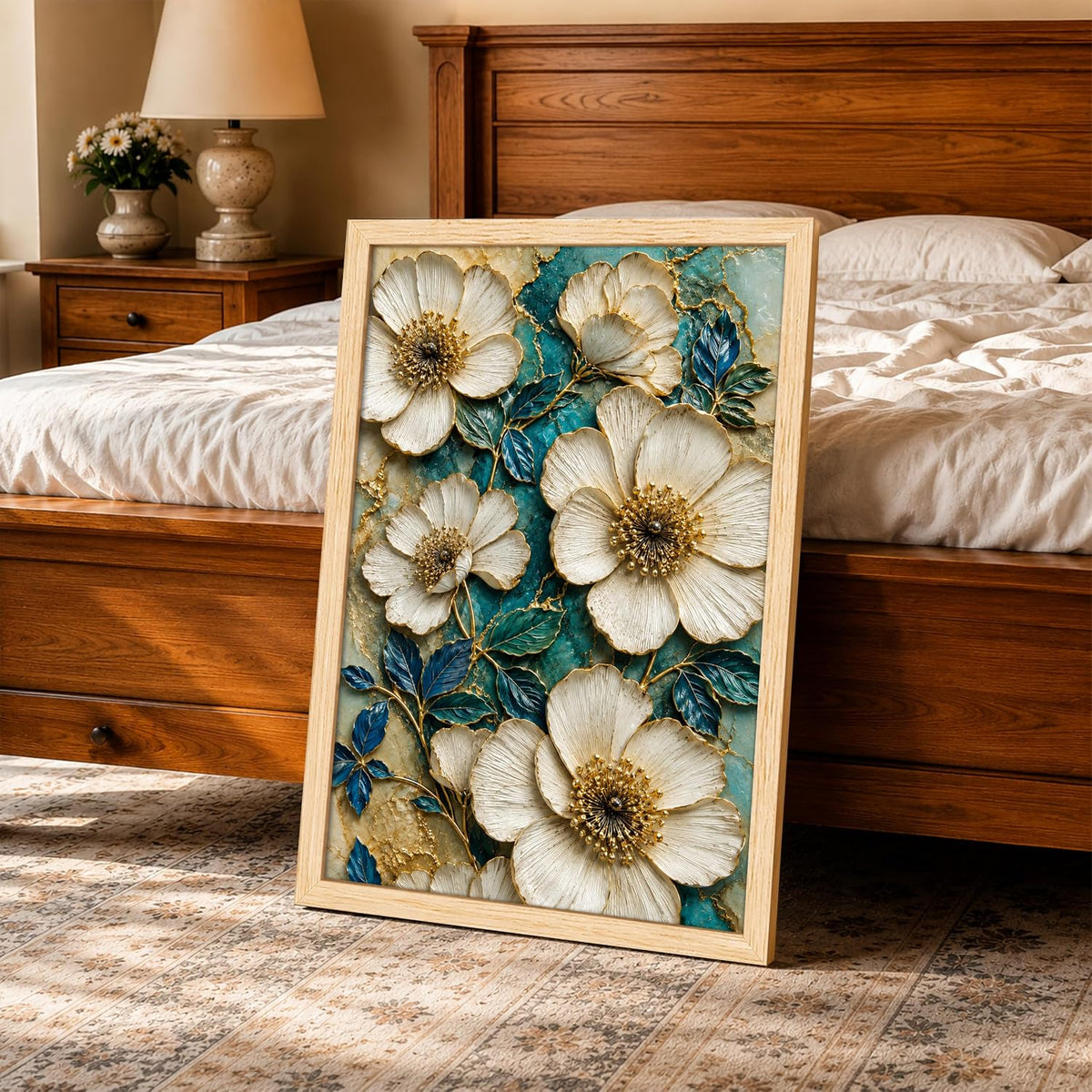 Modern Abstract 3D Textured Floral Painting for Living Room, Teal & Gold Blooming Flower Motifs Rectangular Shape Framed Wall Painting for Home Decor (Size: 8x12 Inch)