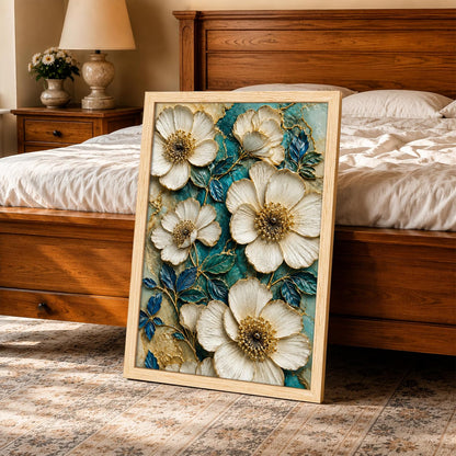 Modern Abstract 3D Textured Floral Painting for Living Room, Teal & Gold Blooming Flower Motifs Rectangular Shape Framed Wall Painting for Home Decor (Size: 8x12 Inch)