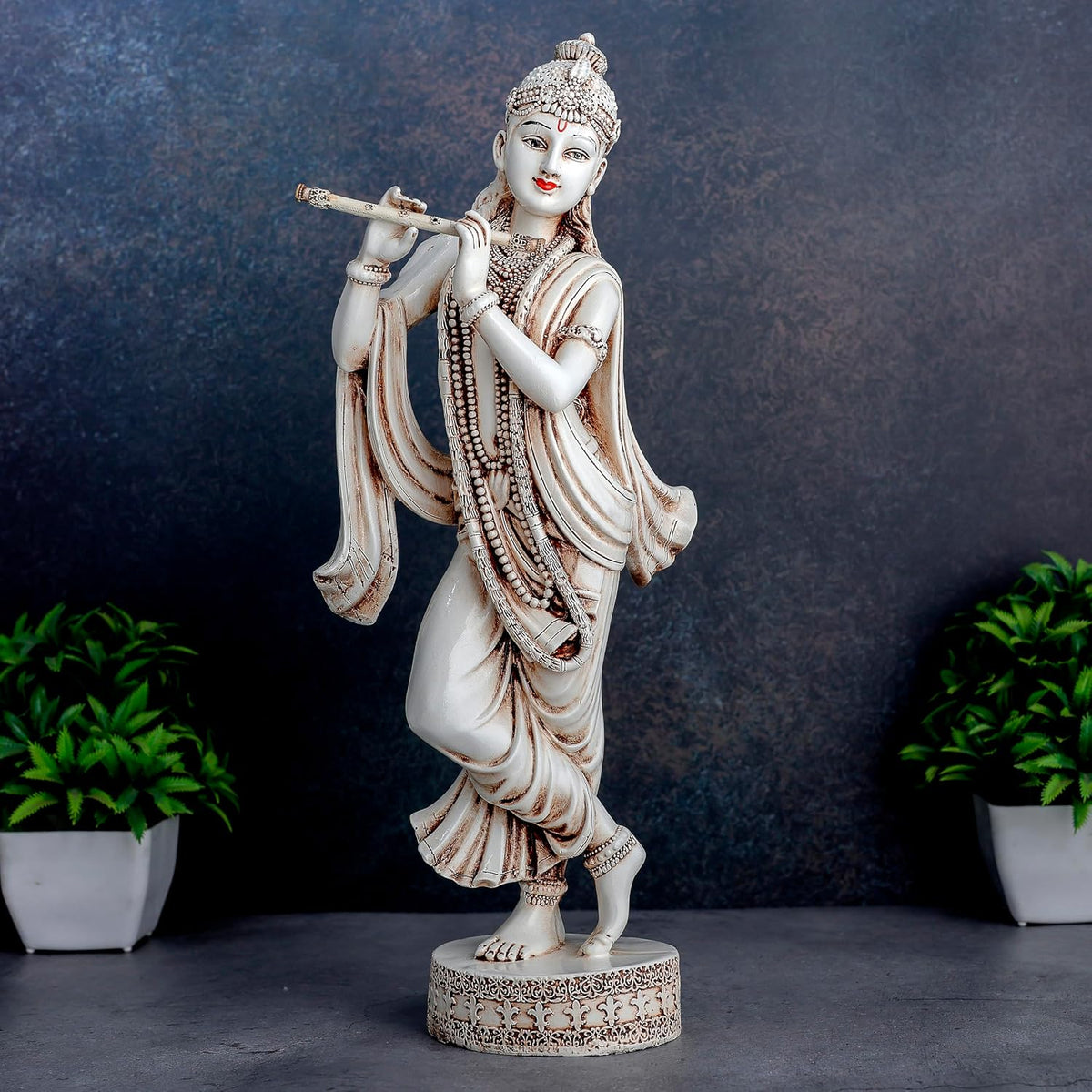 Krishna Idol Statue Showpiece for Pooja Home Decor Items for Living Room and Gifts (Stone White)