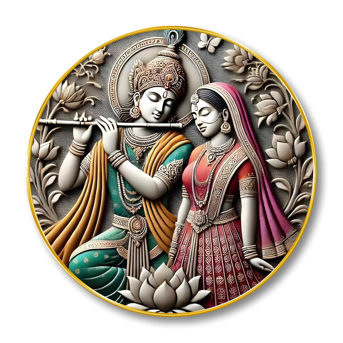 Radha Krishna Round Wall Art | 3D Embossed MDF Panel with Golden Rim | Divine Love Theme Home Decor | Traditional Spiritual Wall Frame for Living Room, Bedroom & Gift Purpose 16 Inch x 16 Inch