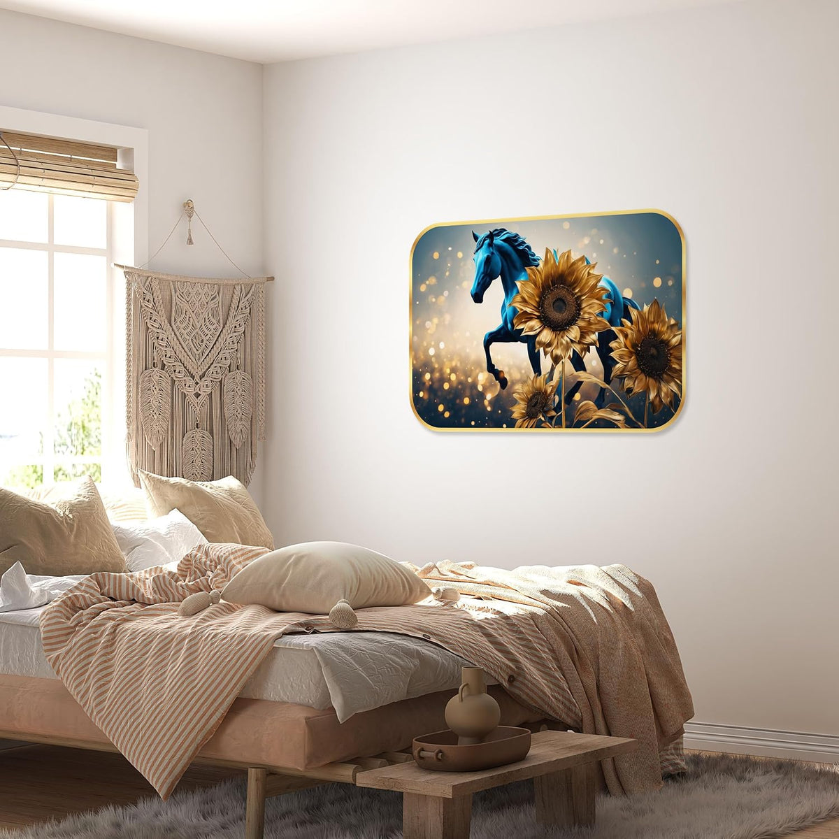 Running horse modern art Premium Sparkle Lamination Finished Surface Golden Slim Frame 35 cm x 28 cm Large Size, For Home/Office/Hotel painting KG48