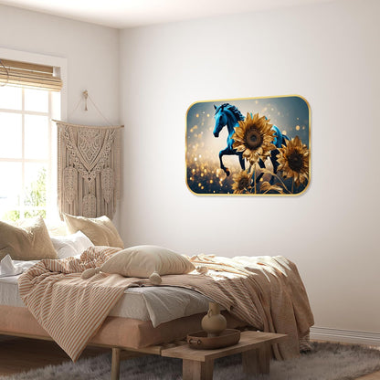 Running horse modern art Premium Sparkle Lamination Finished Surface Golden Slim Frame 35 cm x 28 cm Large Size, For Home/Office/Hotel painting KG48