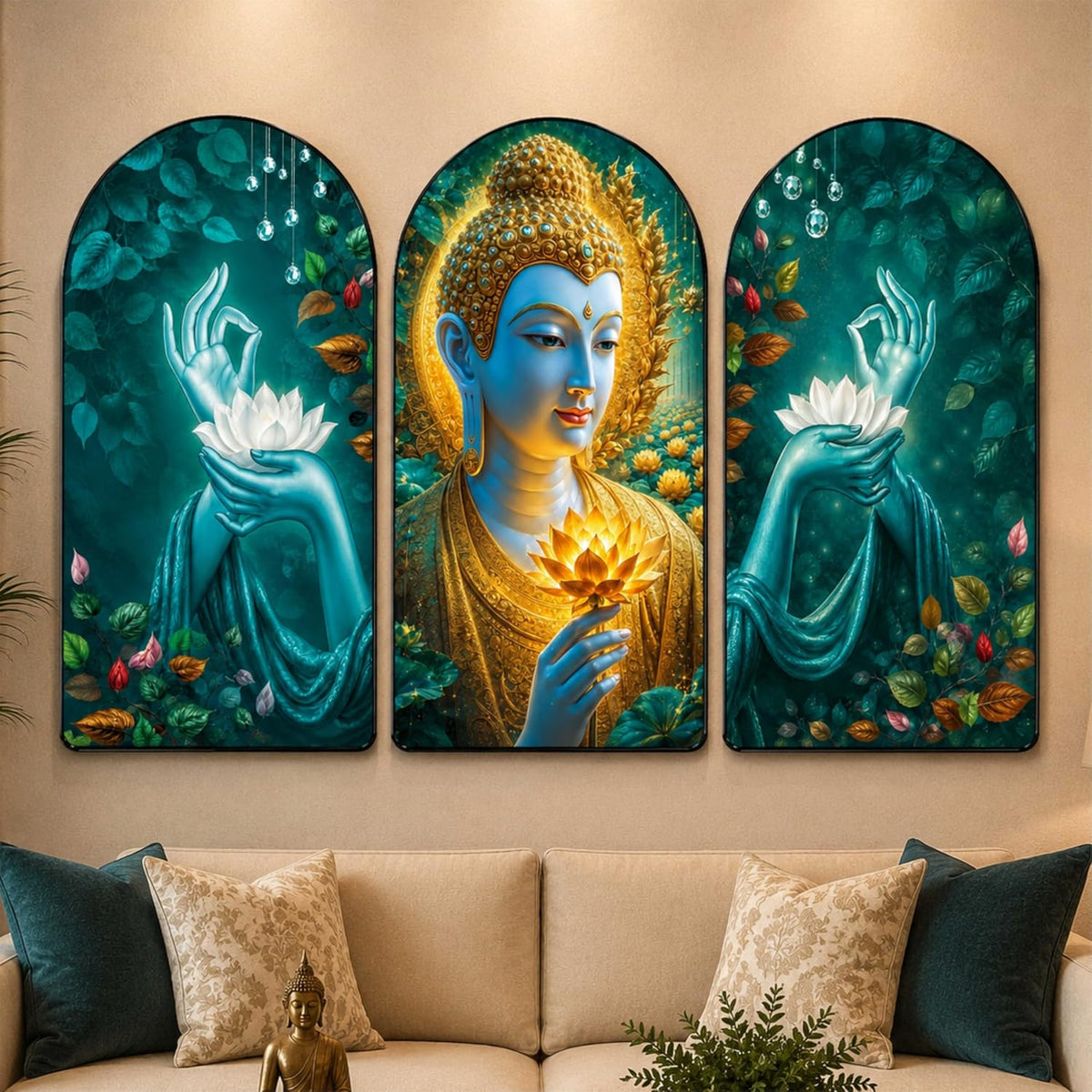 Set of 3 Arched Blue Buddha & Golden Lotus Wall Paintings