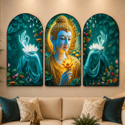 Set of 3 Arched Blue Buddha & Golden Lotus Wall Paintings