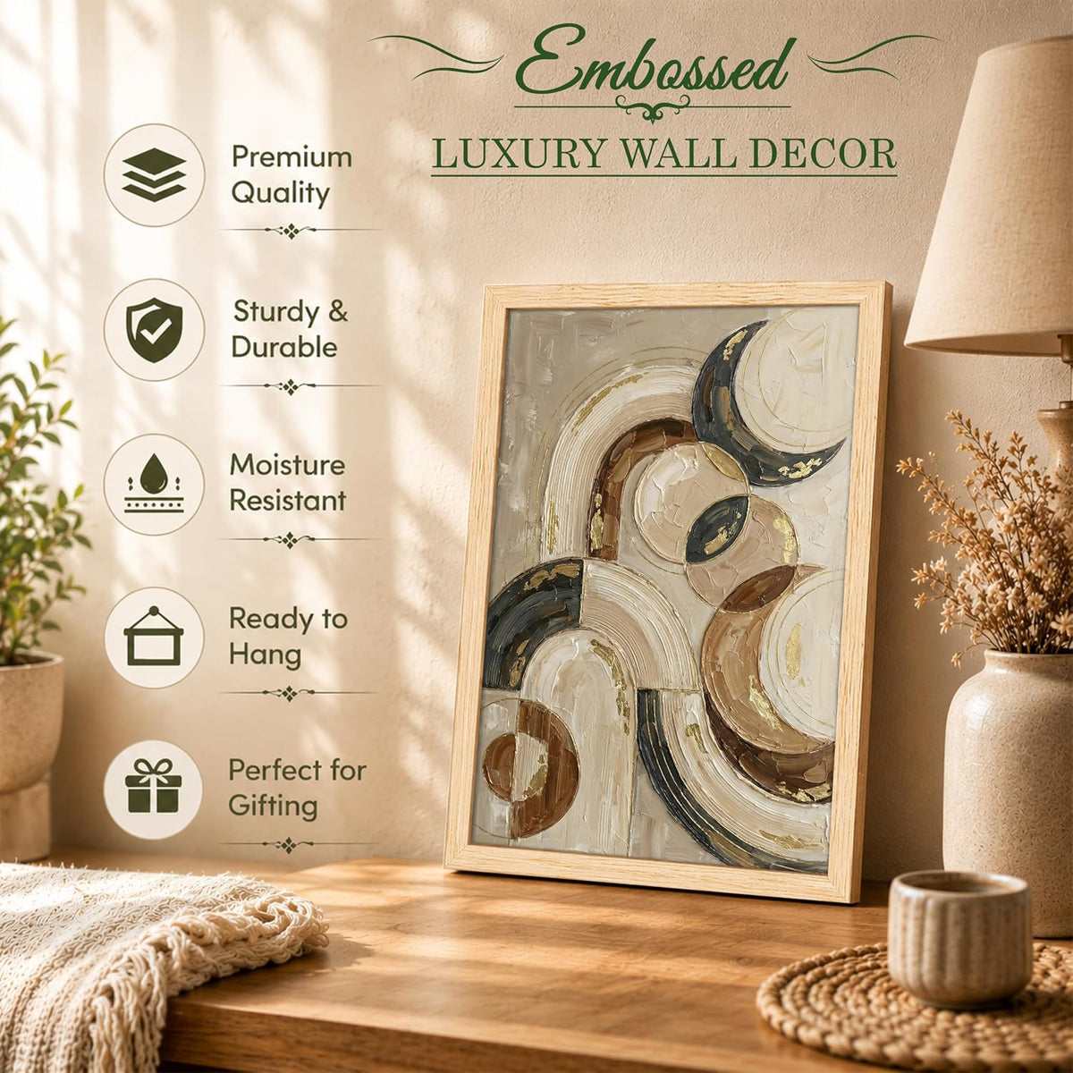Modern Abstract 3D Textured Embossed Arch Painting for Living Room, Neutral & Gold Geometric Arches Rectangular Shape Framed Wall Painting for Home Decor (Size: 13x17 Inch)
