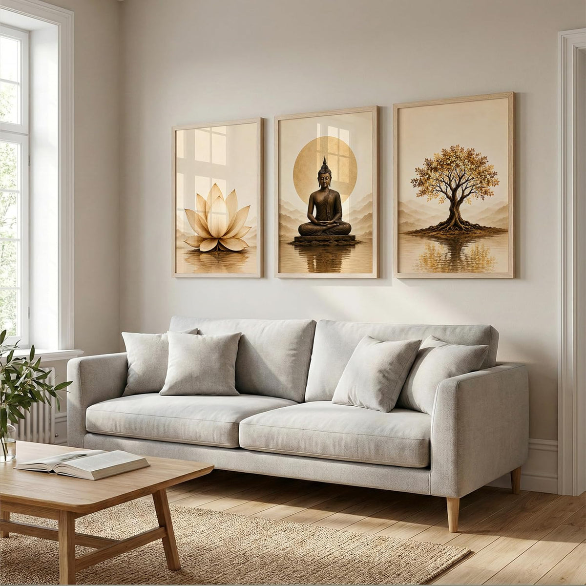 Wooden Frame Buddha Wall Art Set of 3, 13x19 Inches, for Meditation, Home, Bedroom, Office, and Spiritual Decor