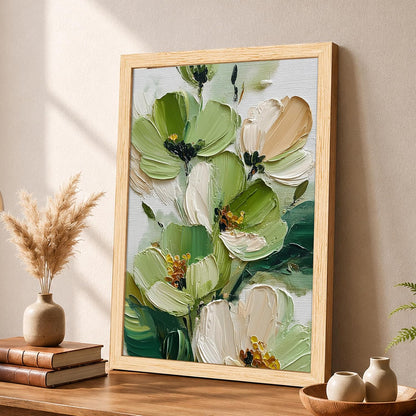 Modern Abstract 3D Textured Floral Painting for Living Room, Green & White Flower Motifs Rectangular Shape Framed Wall Painting for Home Decor (Size: 8x12 Inch)