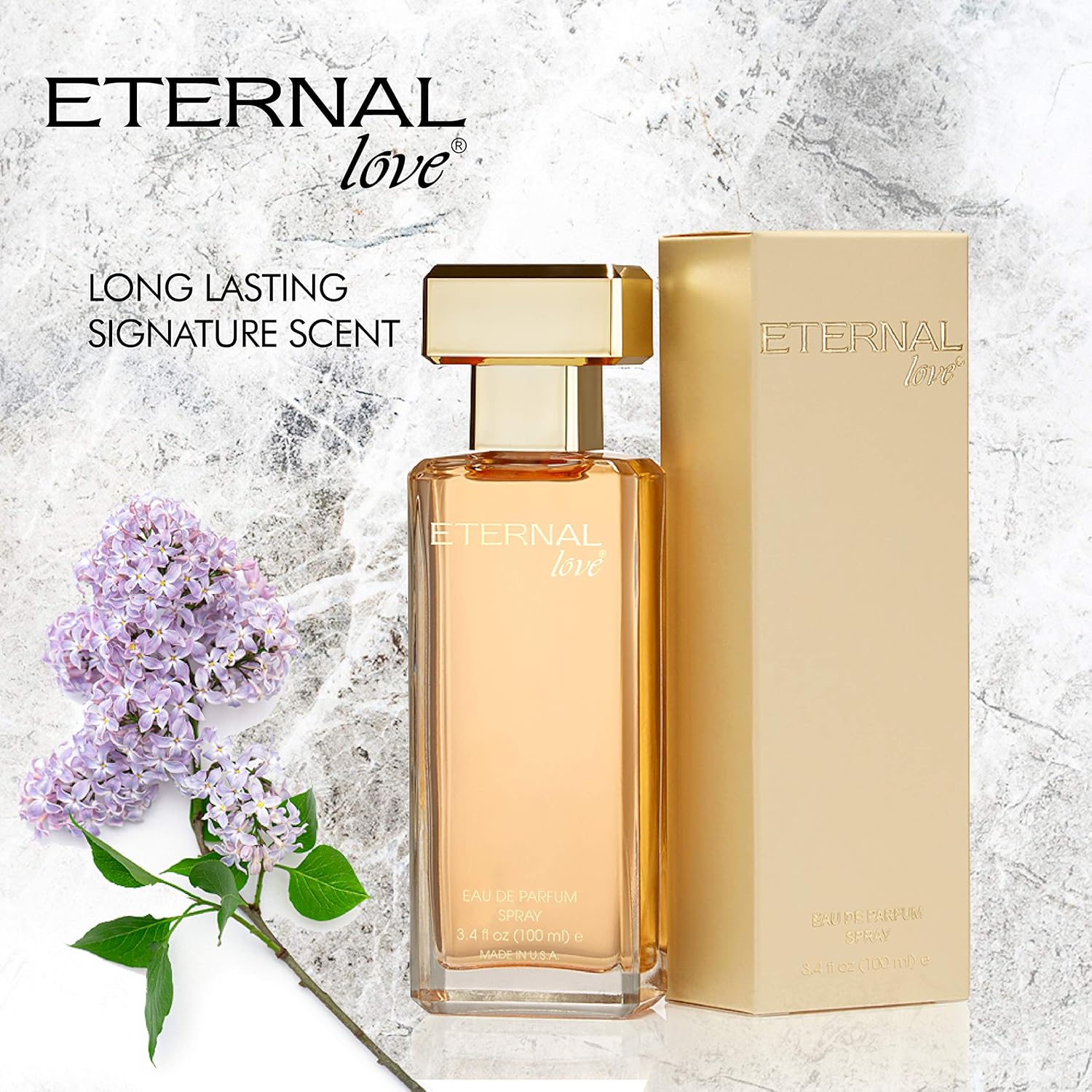 Perfume bottle and packaging with 'Eternal Love' branding on a textured surface.