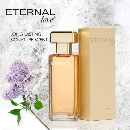 Perfume bottle and packaging with 'Eternal Love' branding on a textured surface.