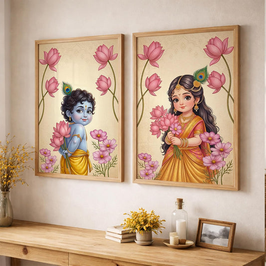 Radha Krishna Painting with Lotus Flowers | Set of 2 Framed Wall Art Paintings | Traditional Indian Decor for Living Room Bedroom Pooja Room | (ART 5, 13x19 INCHES)