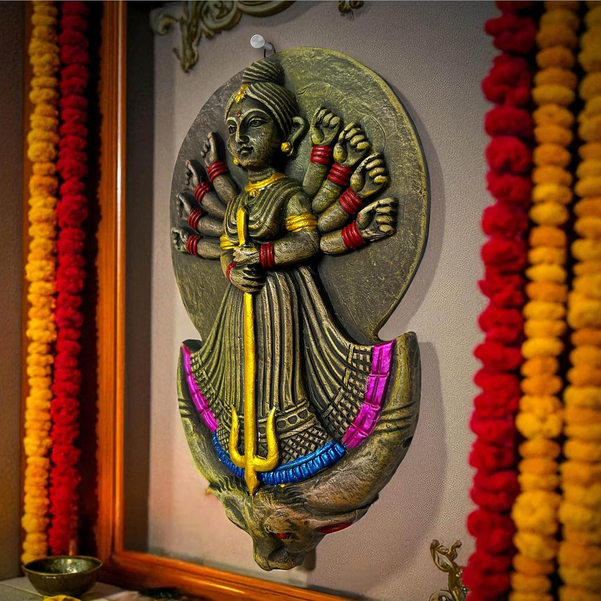 Maa Durga Terracotta Wall Hanging Idol Murti | Mahisasur Mardini Sherawali Devi MATA Wall Art Decor for Home, Temple, Mandir & Office Decor | Spiritual Gifts (27x18 CM)