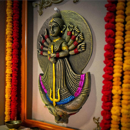 Maa Durga Terracotta Wall Hanging Idol Murti | Mahisasur Mardini Sherawali Devi MATA Wall Art Decor for Home, Temple, Mandir & Office Decor | Spiritual Gifts (27x18 CM)
