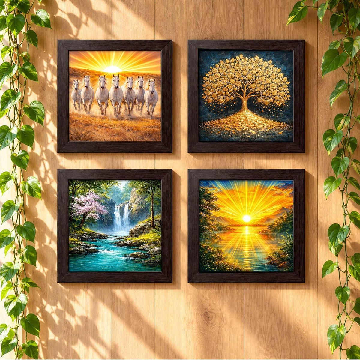 Vastu Combo Set | Rising Sun Sunrise | Waterfall Running Water | Golden Tree Kalpvriksh | Seven 7 White Running Horse | Set of 4 | Framed Poster