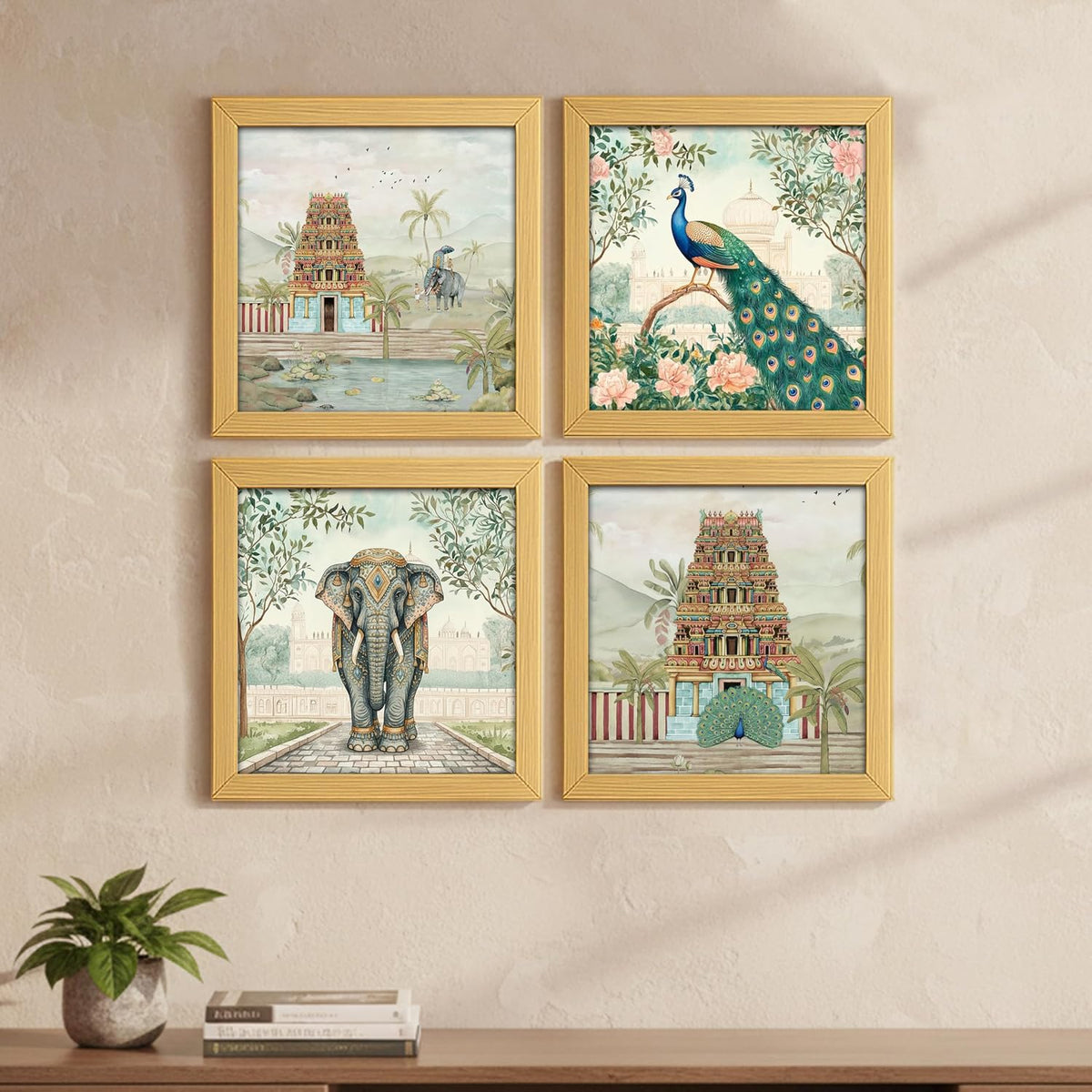Rousrie Aesthetic Madhubani Art Paintings For Living Room, Bedroom, Multicolor, Natural Wood Color Frames, 8.0 x 8.0 inch, Set of 4