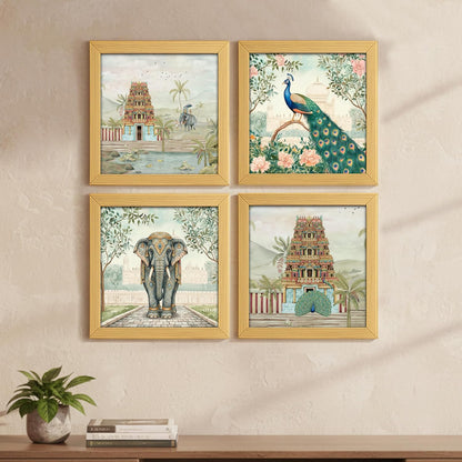 Rousrie Aesthetic Madhubani Art Paintings For Living Room, Bedroom, Multicolor, Natural Wood Color Frames, 8.0 x 8.0 inch, Set of 4
