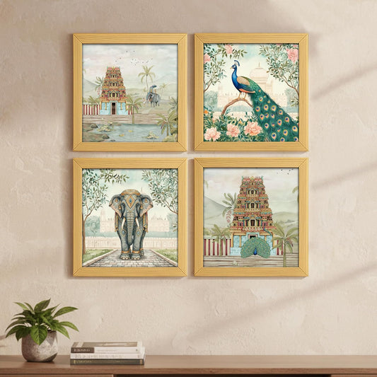Rousrie Aesthetic Madhubani Art Paintings For Living Room, Bedroom, Multicolor, Natural Wood Color Frames, 8.0 x 8.0 inch, Set of 4