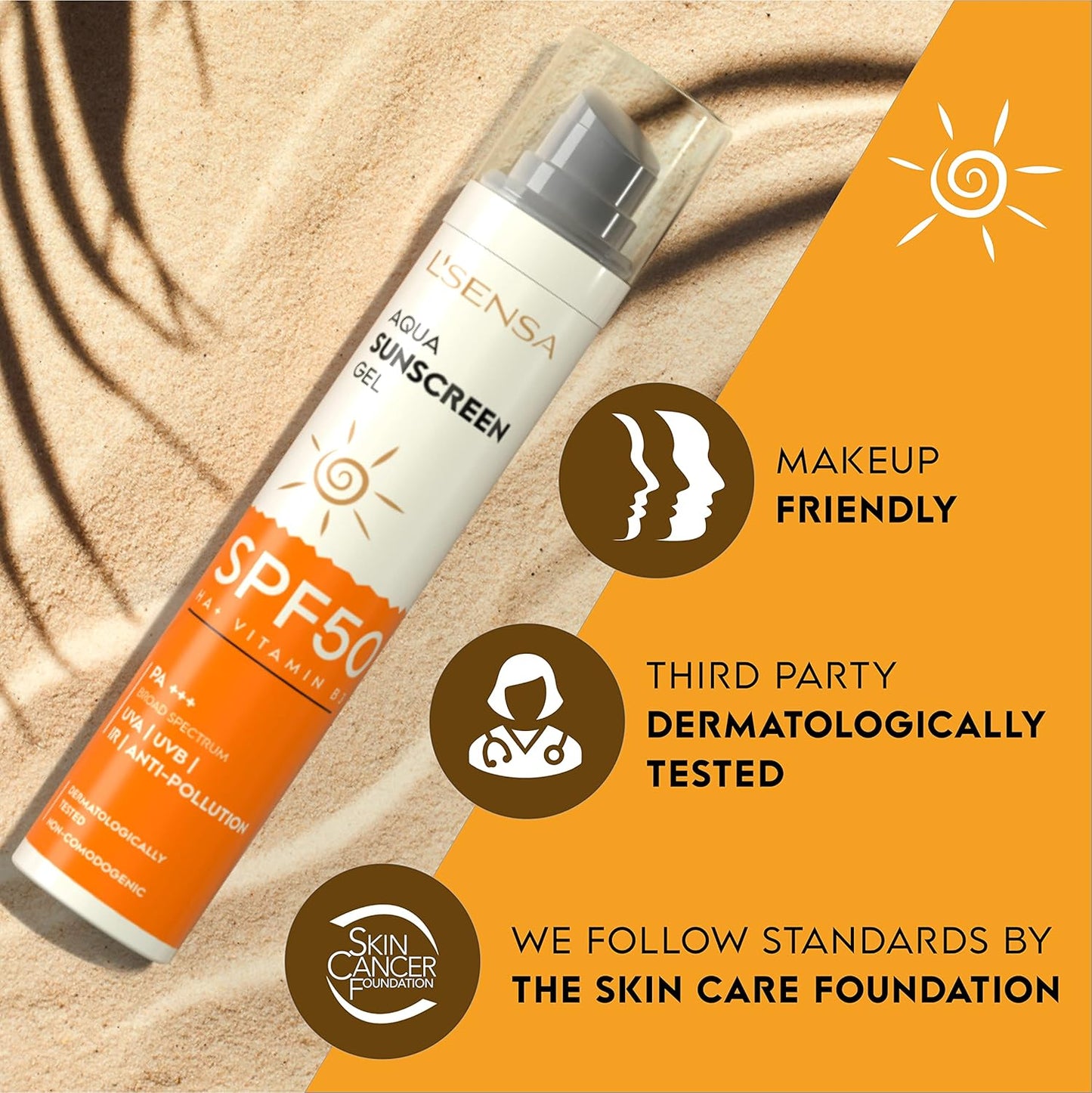 Sunscreen gel bottle with SPF50 on a sand background, featuring text about its features.