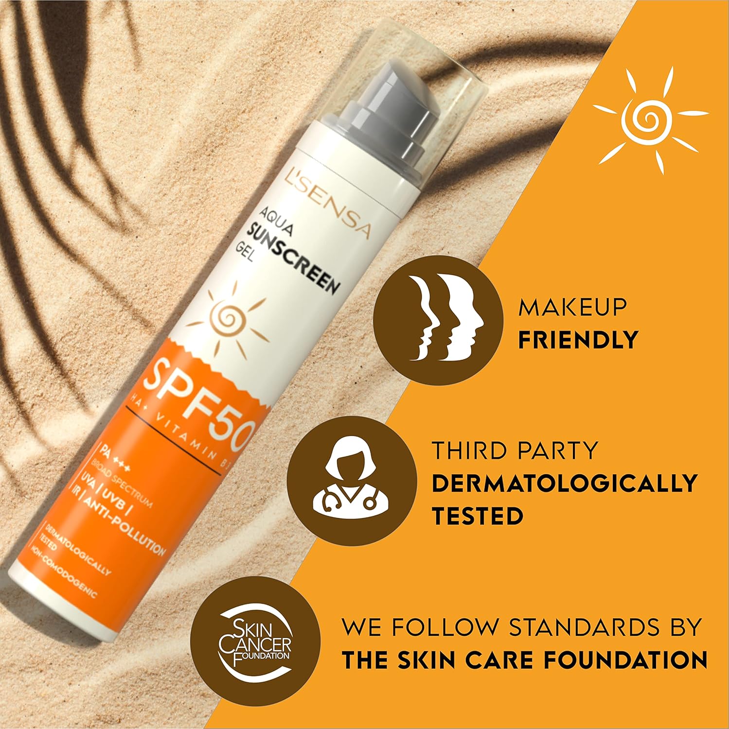 Sunscreen gel bottle with SPF50 on a sand background, featuring text about its features.