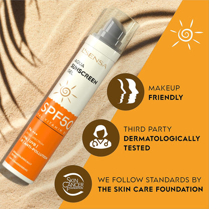 Sunscreen gel bottle with SPF50 on a sand background, featuring text about its features.