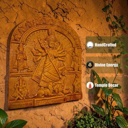 Maa Durga Parivar Terracotta Wall Hanging Murti Idol | Sherawali Devi MATA Spiritual Wall Hanging Decor for Mandir, Home & Office Decoration | Spiritual Gift (22 x 21 CM)
