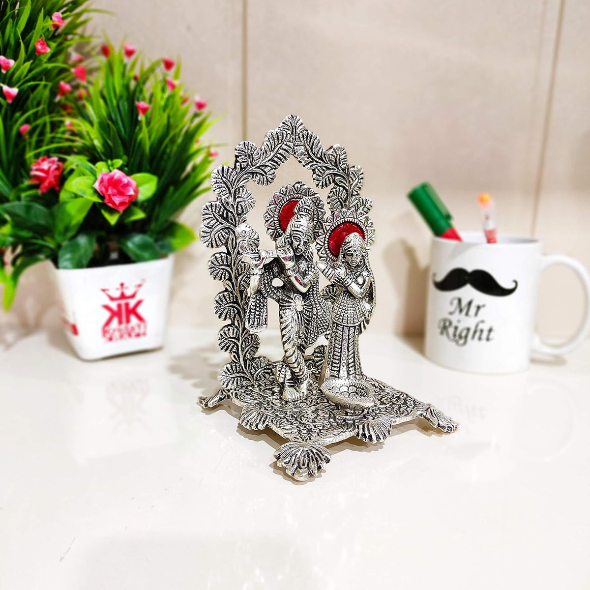 KridayKraft Metal Radha Krishna Idol Statue with Silver Antique Finish so Looks Very Beautiful and use for the Purpose of Worship and Decorative for Home,Office&Table Gift for Birthday