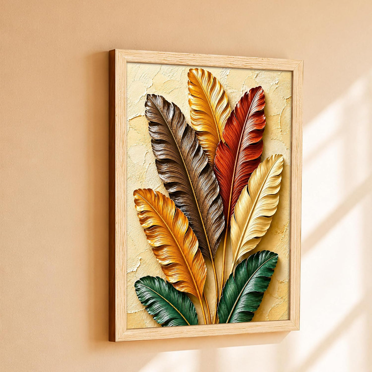 Modern Abstract 3D Textured Embossed Leaf Painting for Living Room, Warm Earth Tone Feather & Leaf Motifs Rectangular Shape Framed Wall Painting for Home Decor (Size: 13x17 Inch)