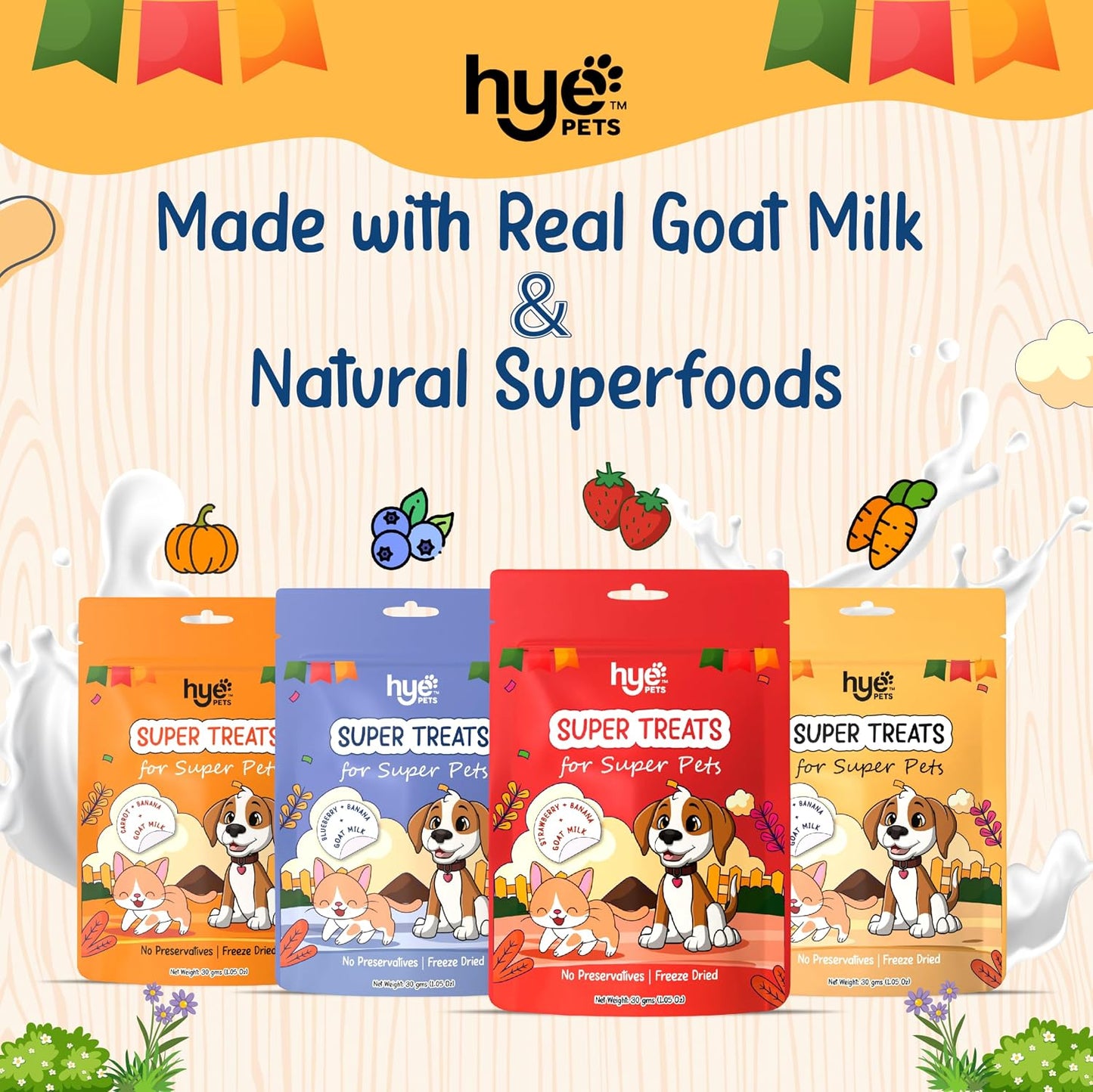 HYE Pets Super Treats for Super Pets – Freeze Dried Treats Made with Goat Milk, Blueberry & Banana | 30g