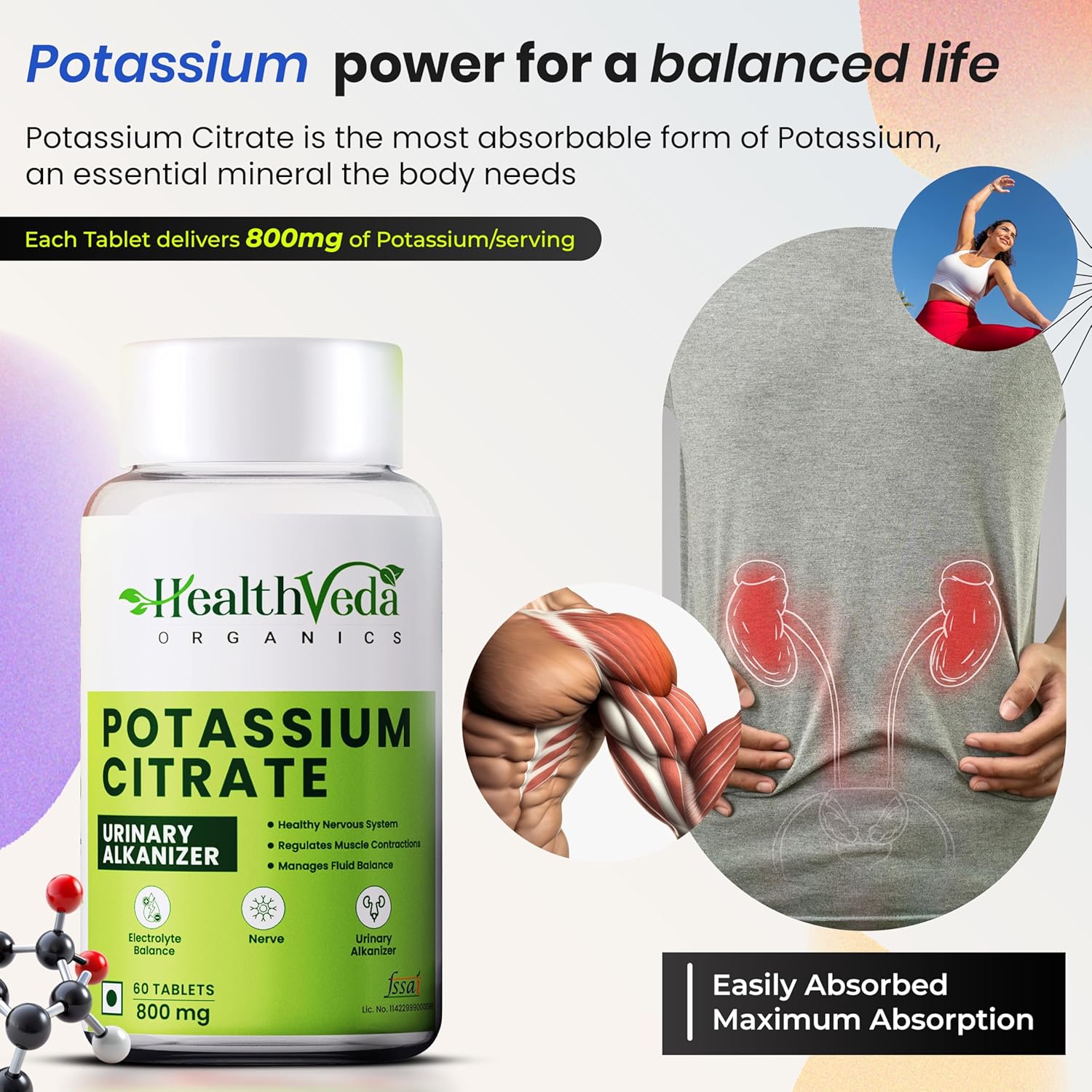 Zephivo HEALTH VEDA ORGANICS PRIVATE LIMITED Potassium Citrate,800 MgI60 Veg TabletsISupport Nerve,Muscle,Joint&Bone HealthIHelps Manage Electrolytes|For Both Men&Women