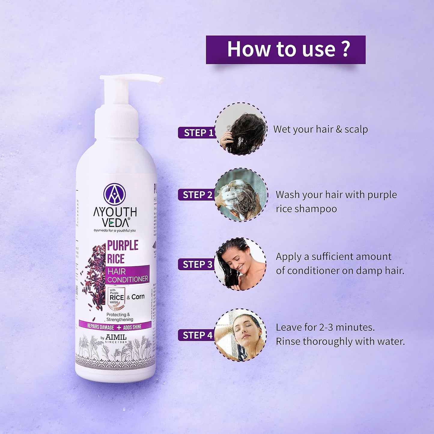 Ayouthveda Purple Rice Hair Conditioner with Rice Water & Kernel Protein | Repairs Damage, Controls Frizz & Enhances Volume | Enriched with Eggplant, Betel & Guava Leaves | For All Hair Types | 200ml