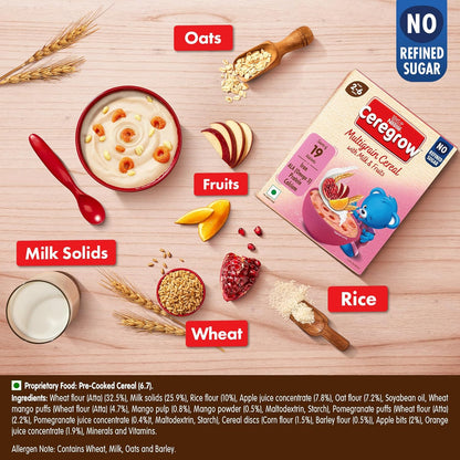 CEREGROW Multigrain Cereal with Milk & Fruits, NO Refined Sugar, from 2-6 Years, with Iron, Protein, Calcium, Omega 3, Instant Cereal, 300g, Bag-in-Box Pack