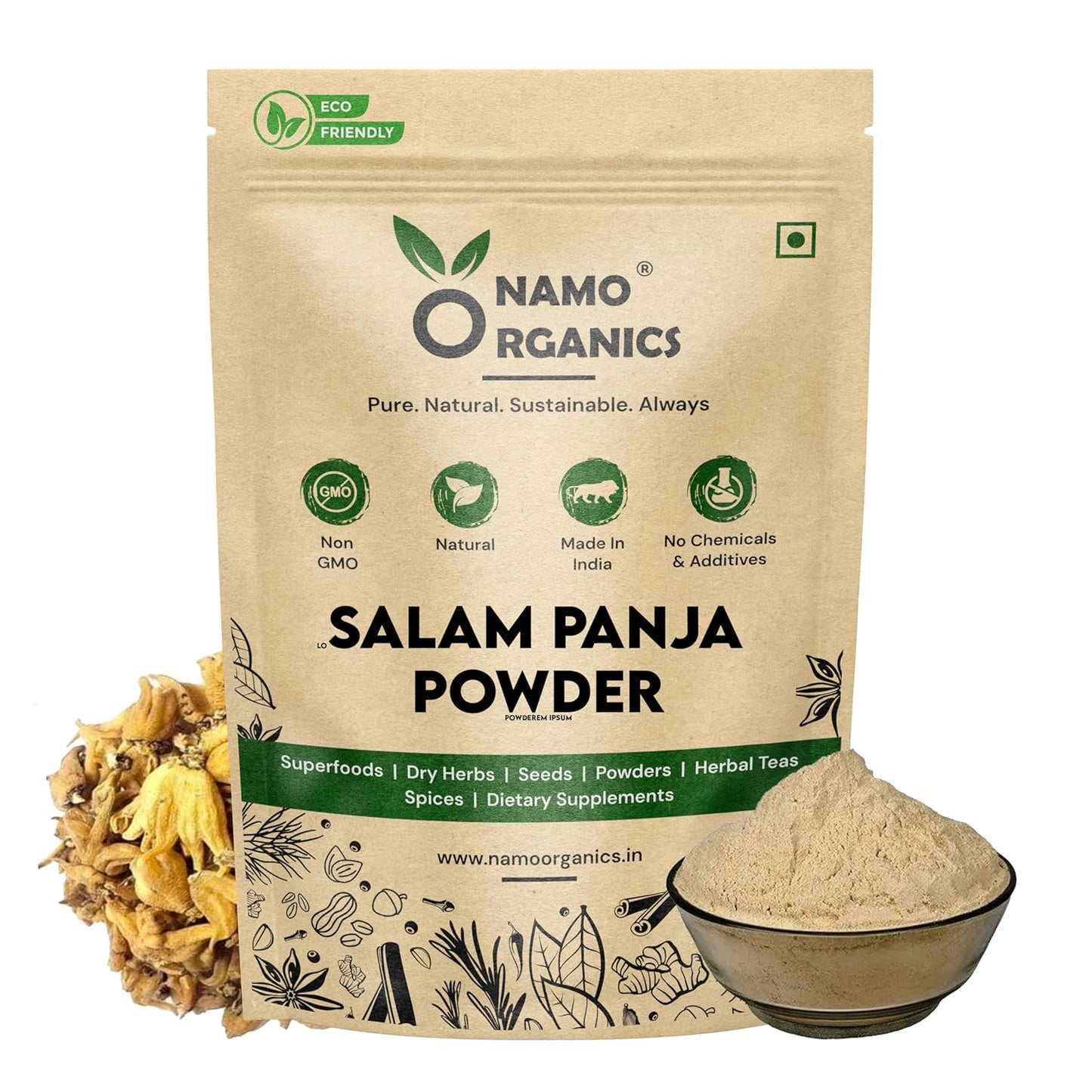 Namo Organics Salam Panja Powder packaging with a bowl of powder and herbs on a white background