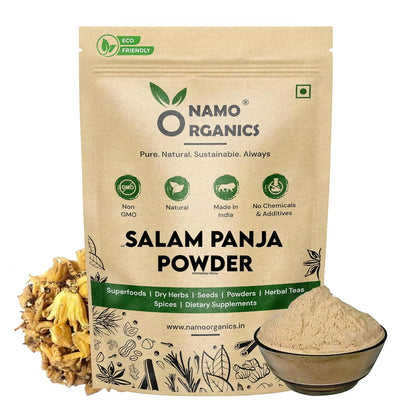 Namo Organics Salam Panja Powder packaging with a bowl of powder and herbs on a white background