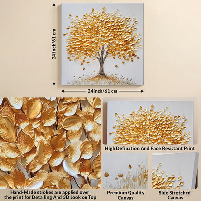 Stretched Canvas 3D Golden Tree Painting Textured Stretched Canvas Wall Art, Tree of Life Gallery Wrap Abstract Nature Artwork with Hand-Painted, Gold Tone 3D Giclée Print 61x61 cm