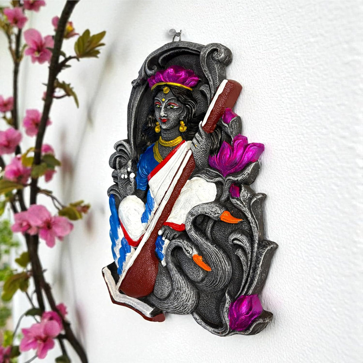 Saraswati Maa Wall Hanging Idol Murti | Terracotta Wall Decor | Saraswati MATA Wall Art for Mandir, Home, Office & Study Table Decor | Goddess of Knowledge Spiritual Gift (28x19 CM)