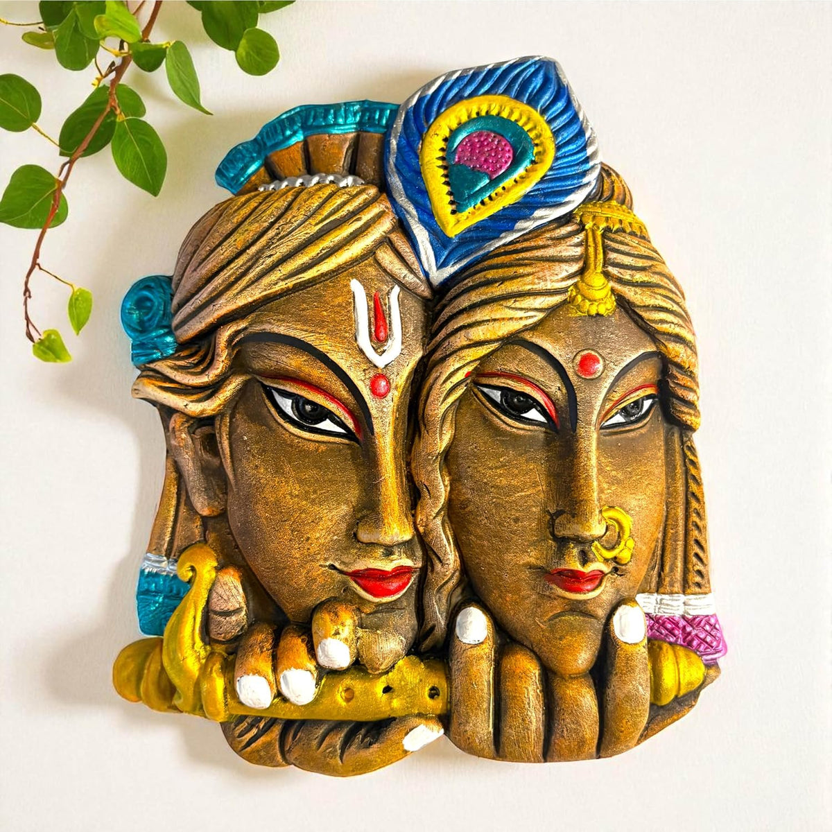 Radha Krishna Face Terracotta Wall Decor Hanging | Wall Hanging Decor | Spiritual Wall Art for Home, Temple, Mandir, Living, Office & Vastu Decor | Spiritual Gift (25x20 CM)